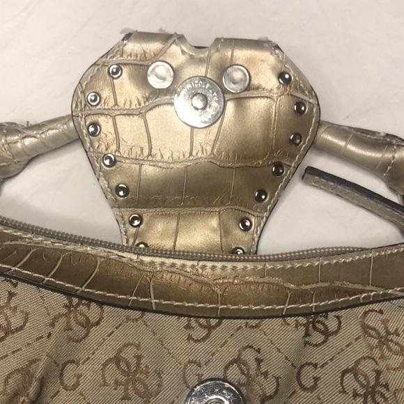 GUESS 1992 Vintage tan/silver and bronze rhinestone/snakeskin mini handbag. - Picture 8 of 12